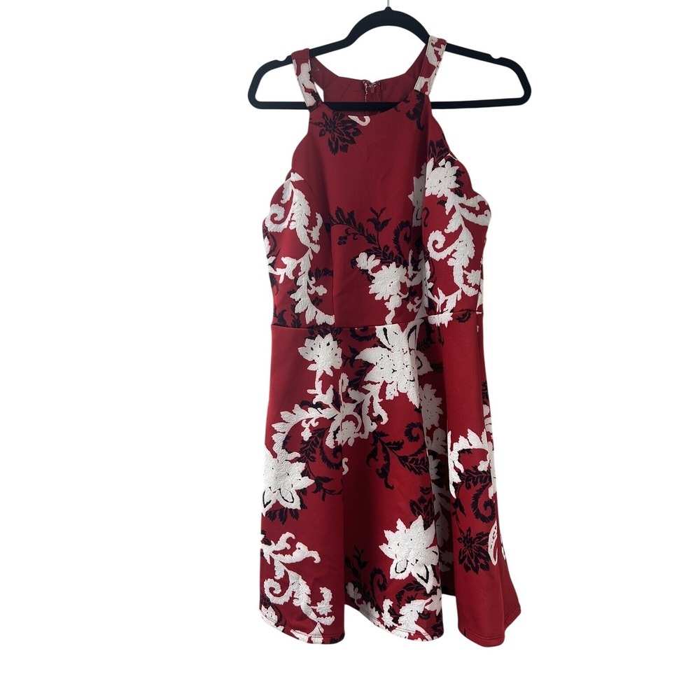 Trixxi Red Floral Damask Halter Fit and Flare Dress XL 25H8351HYI